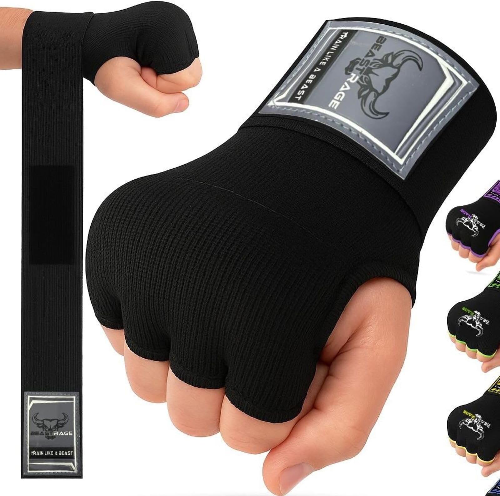 BEAST RAGE Inner Gloves with Hand Wraps Quick Wrap Long 36" Wrist Support MMA Muay Thai Bandages Punching Martial Arts Training Men Women Kickboxing Bandages Under Bag Gloves (Black, M (Adult))
