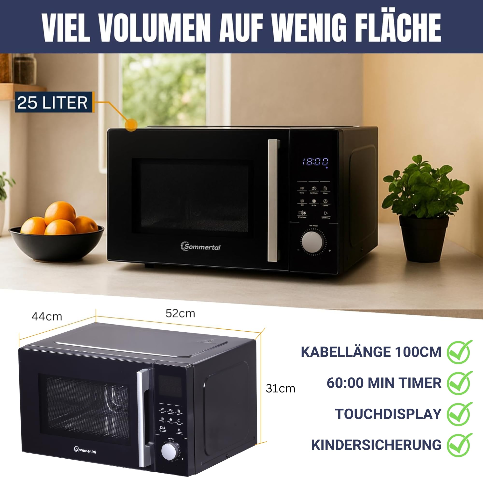 Sommertal 4in1 Mikrowelle 25L – Grill, Heißluft-Fritteuse, Konvektion, 2200W, 8 Programme, Touch-Display, 60 Min Timer, Schwarz, Kindersicherung, Express-Start – inkl. Rost & Crisp-Pfanne