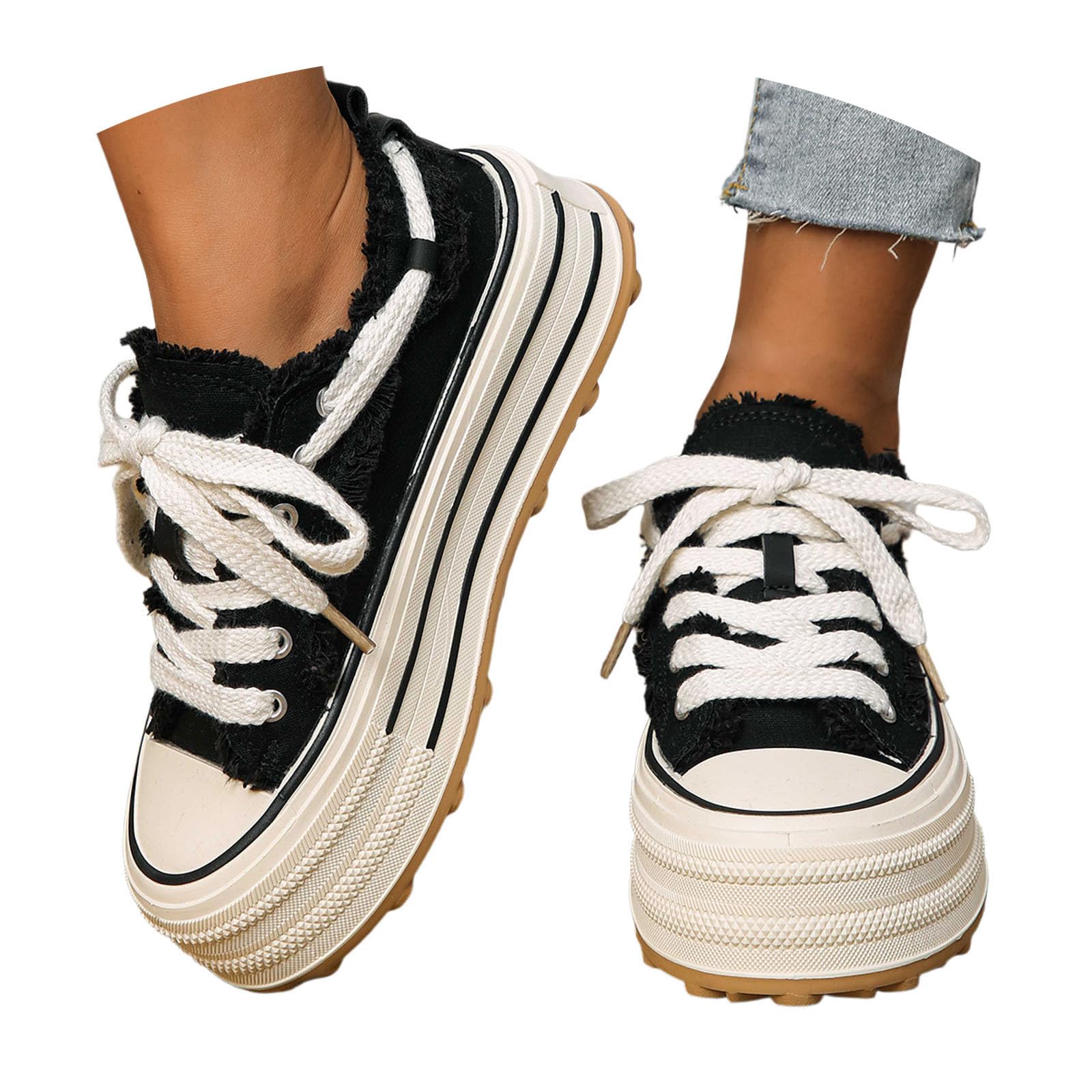 Baskets à plateforme pour femme - Chaussures de tennis classiques en toile - Couleur unie - Baskets tendance - Chaussures de randonnée décontractées