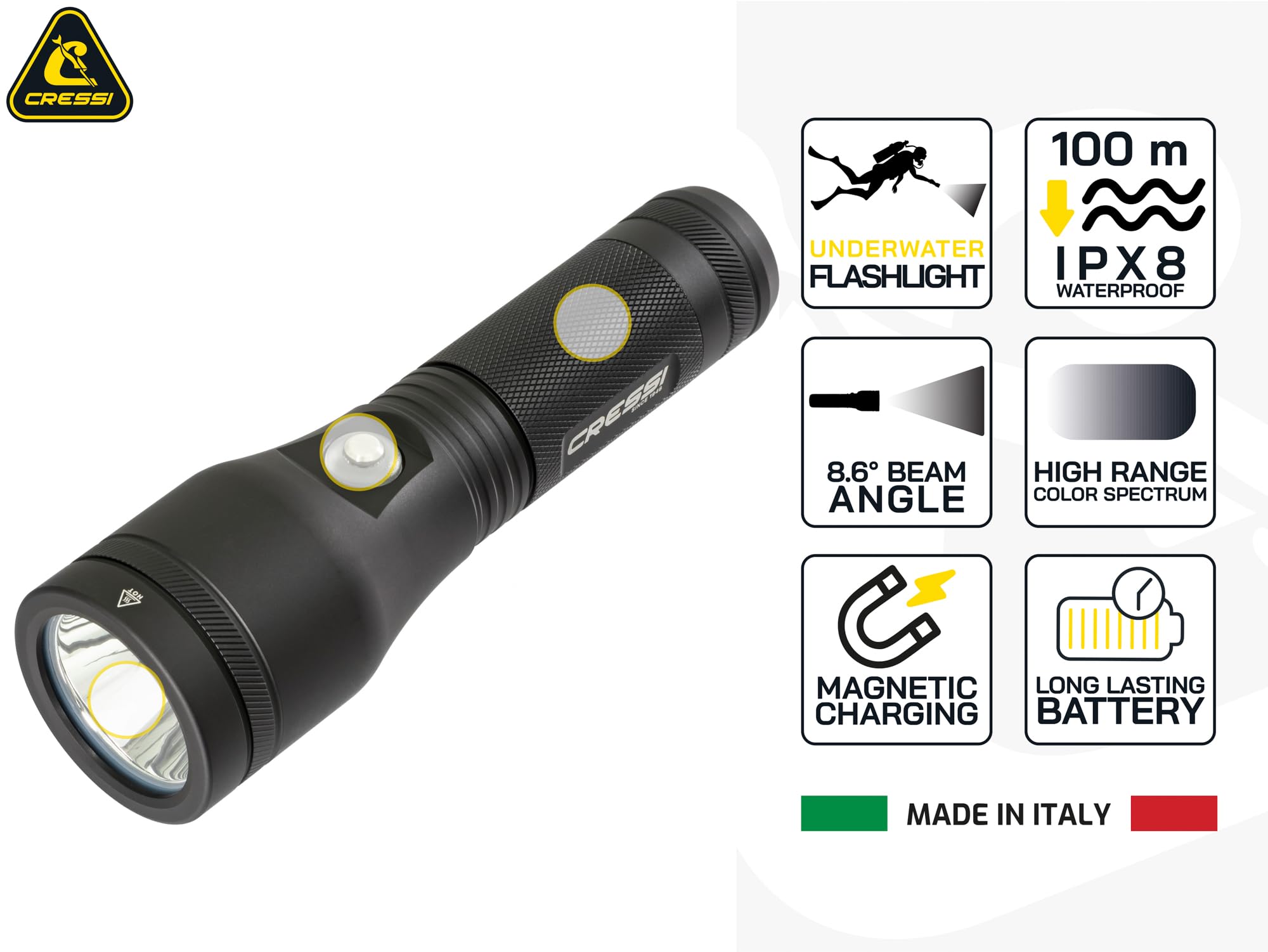 CRESSI Astra Torch Black Torcia Subacquea LED Ricaricabile IPX8 100m