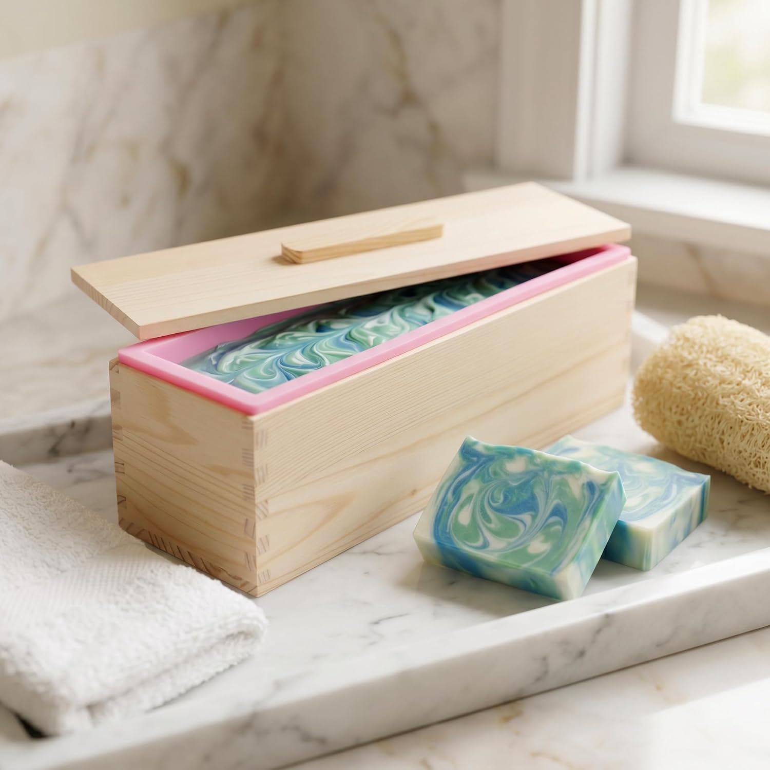 3 Set 42 oz Silicone Soap Molds with Wooden Boxes and Lids, Flexible Rectangular Silicone Loaf Mold for Soap Making Homemade, Candle Craft, Pink