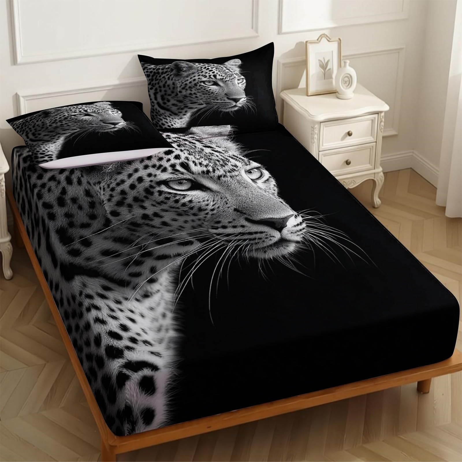 Lenzuolo con Angoli 180 x 200 cm Microfibra leopardo animale Lenzuolo Sotto Elasticizzato Profondo 25 cm nero per Letto Singolo e Matrimoniale