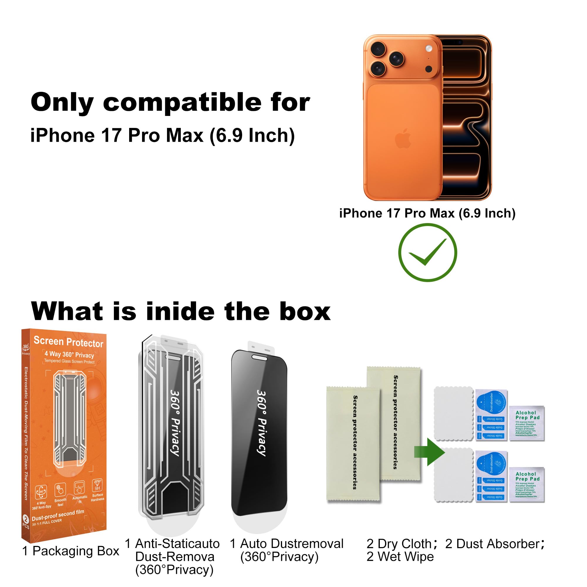 2 Stück 360° 4-Wege Anti-Spy Sichtschutz Displayschutzfolie für iPhone 17 Pro Max Panzerglas Bruchsicher Kratzfest mit Einfacher Montagerahmen