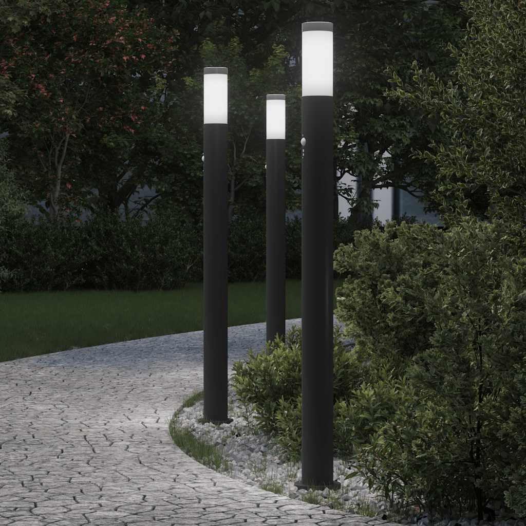Set di 3 lampade a colonna in acciaio inox, 110 cm, con sensore di movimento PIR, IP44, resistenti alle intemperie, per giardino, terrazza, vialetti e esterni, con diffusore e durata della