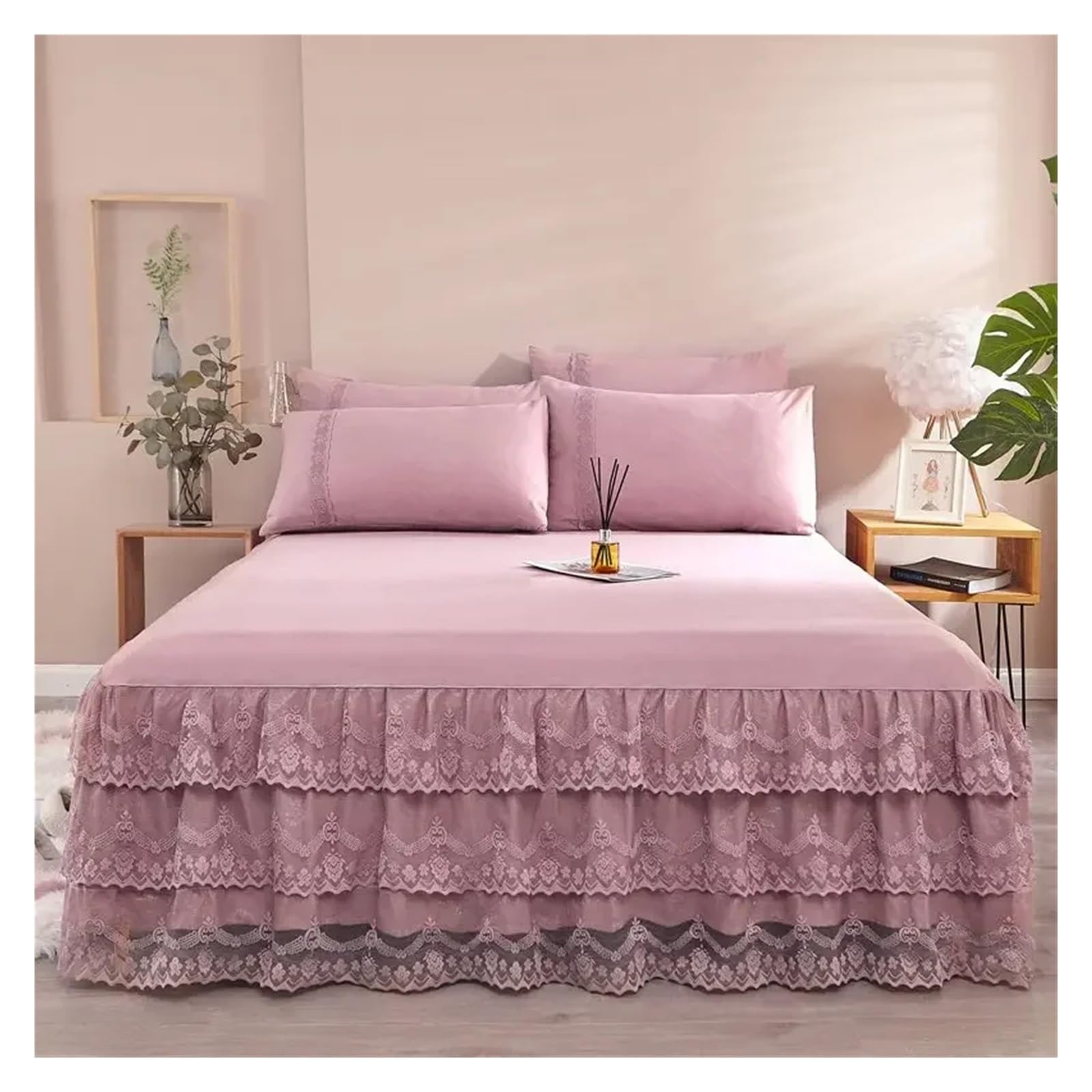 Lace Bed Skirt Solid Color Bedspread Sheet Microfiber 3PCS Bed Sheet Set 1pc Elastic Wrap Around Bedskirt With 2pcs Pillowcases(1,150x200cm 3pcs)