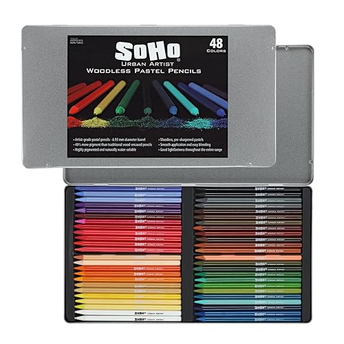 Soho Urban Artist Woodless Pastel Pencils - Set of 48, Professional Artist-Grade, 40% More Pastel, Water-Soluble, Pre-Sharpened, Easy Blending, 6.93mm Barrel, Clear Lacquered