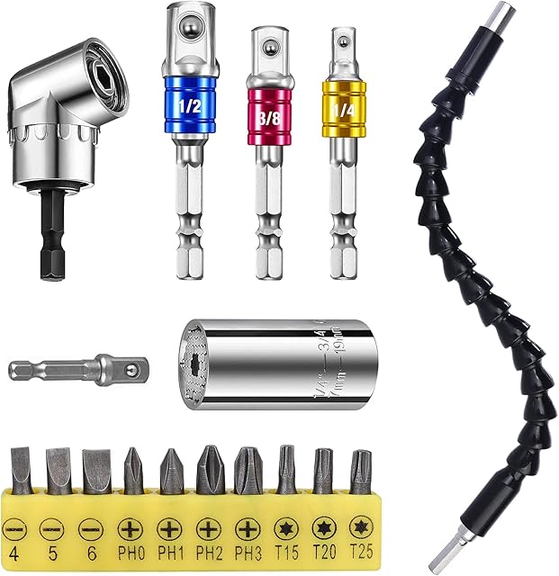 Flexible Drill Bit Extension and Universal Socket Wrench Tool Set, 105° Right Angle Drill Attachment, 1/4 3/8 1/2" Universal Socket Adapter Set, Screwdriver Bit Kit (Tape A)