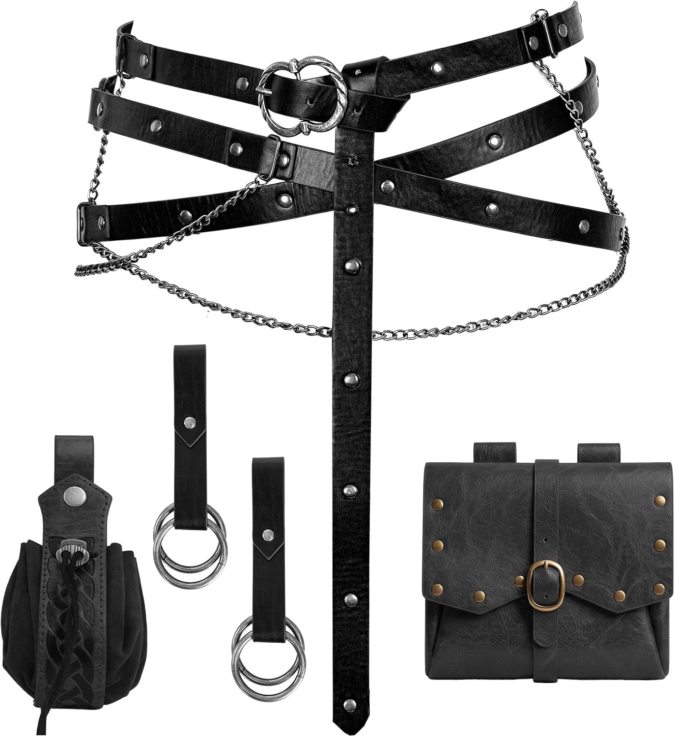 Renaissance Metal Chain Belt Set - Medieval Viking Vintage Adjustable Belt with Waist Pouch & Skirt Hike for Cosplay