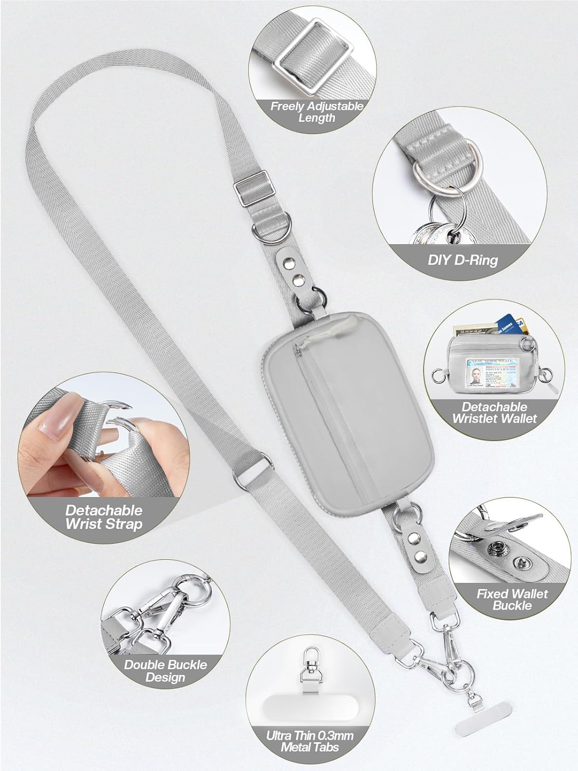 Clip and Go Strap for Phone with Wallet Crossbody Phone Lanyard Adjustable and Detachable RFID Wristlet Wallet with ID Window and Zipper, Grey - Image 3