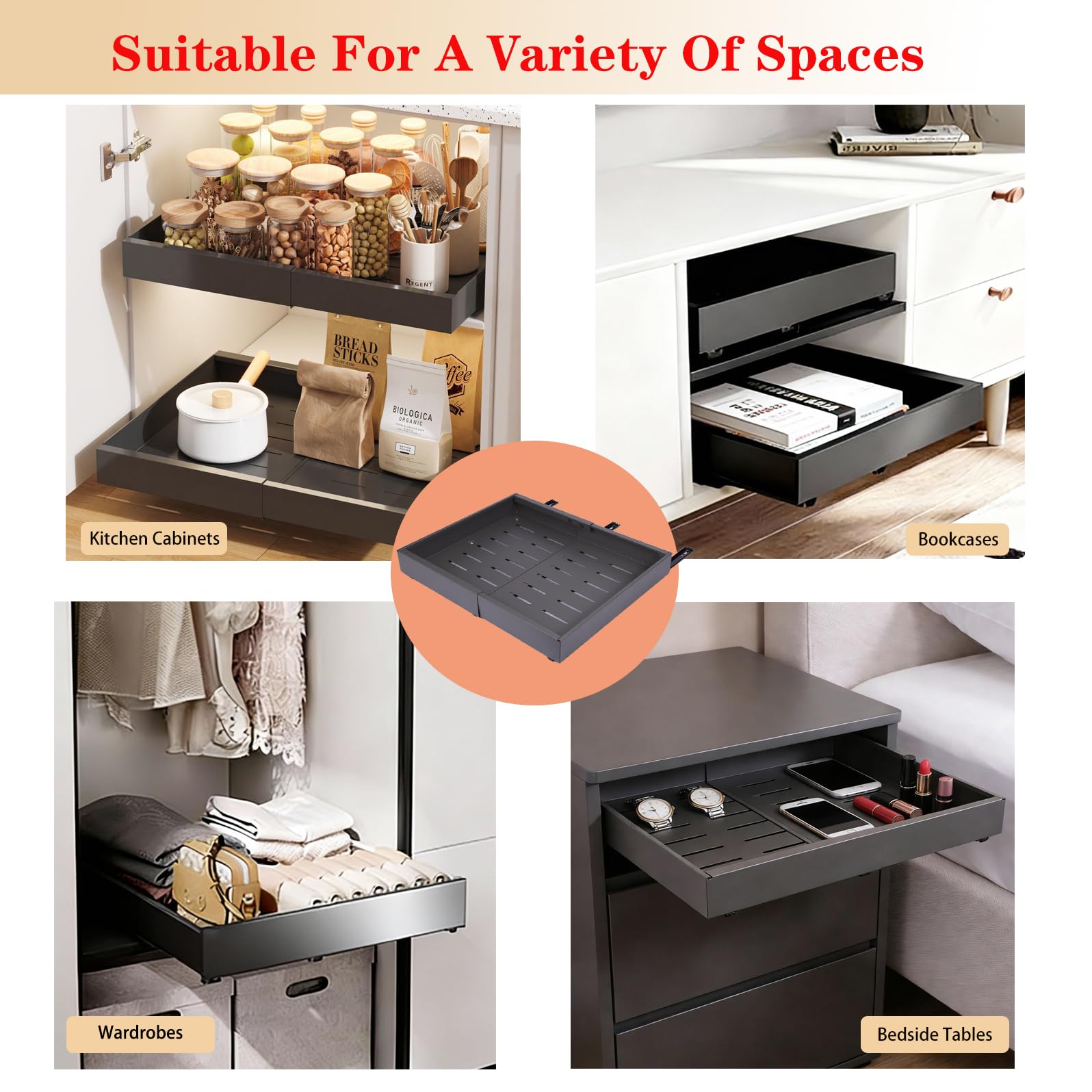 Cassetto Estraibile Cucina, Cassetti Estraibili con Adesivo, Ripiano Estraibile per Dispensa, Larghezza Regolabile, Nessuna Foratura, per Mobili da Cucina e Armadi