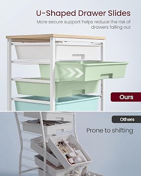 VASAGLE Rolling Storage Trolley with 5 Plastic Drawers, Wooden Top