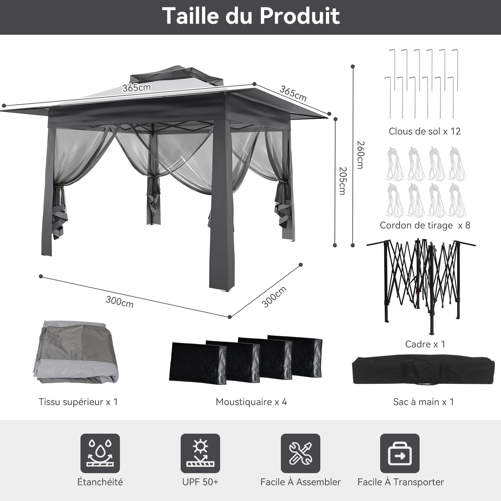 YU YUSING Tonnelle de Jardin Extérieure 3,65 x 3,65 m avec Moustiquaires 360°, Pop up Barnum Pliant, Toit Ventilé, Pergola Imperméable Anti UV 50+ Respirable, Tente Réception, Camping, Festival, Gris