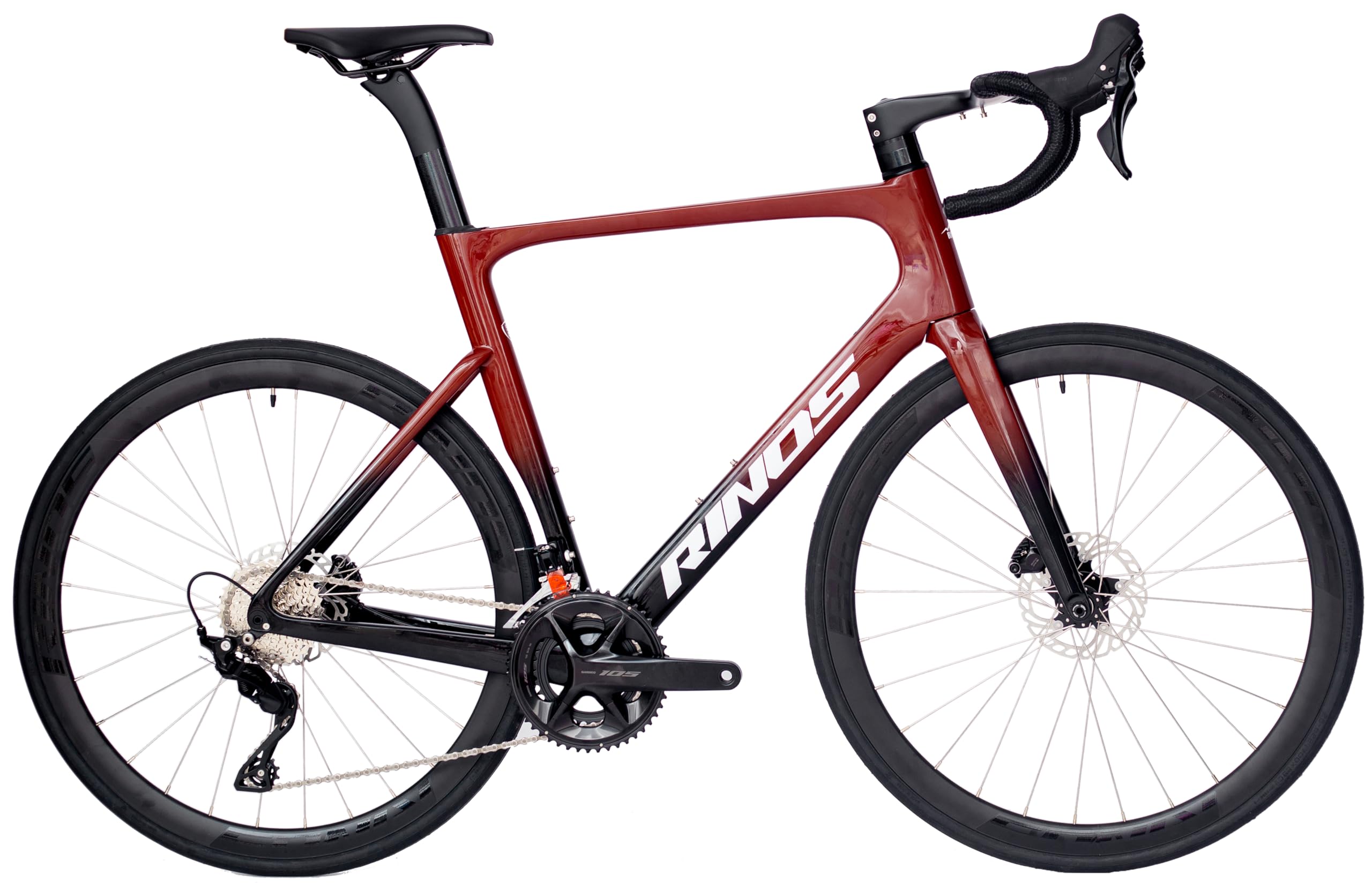 Rinos Odin 4 Bici da Corsa in Carbonio | 105, 24 Velocità | Telaio in Carbonio T800 | 9,6 kg | Freni a Disco Idraulici | Cerchi Aerodinamici 38 mm