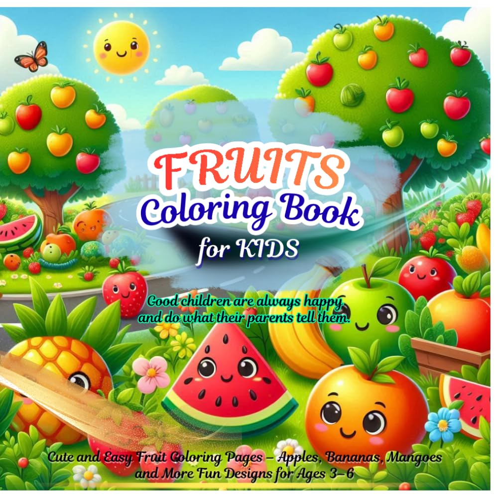 Fruits Coloring Book for Kids: Cute and Easy Fruit Coloring Pages – Apples, Bananas, Mangoes and More Fun Designs for Ages 3–6