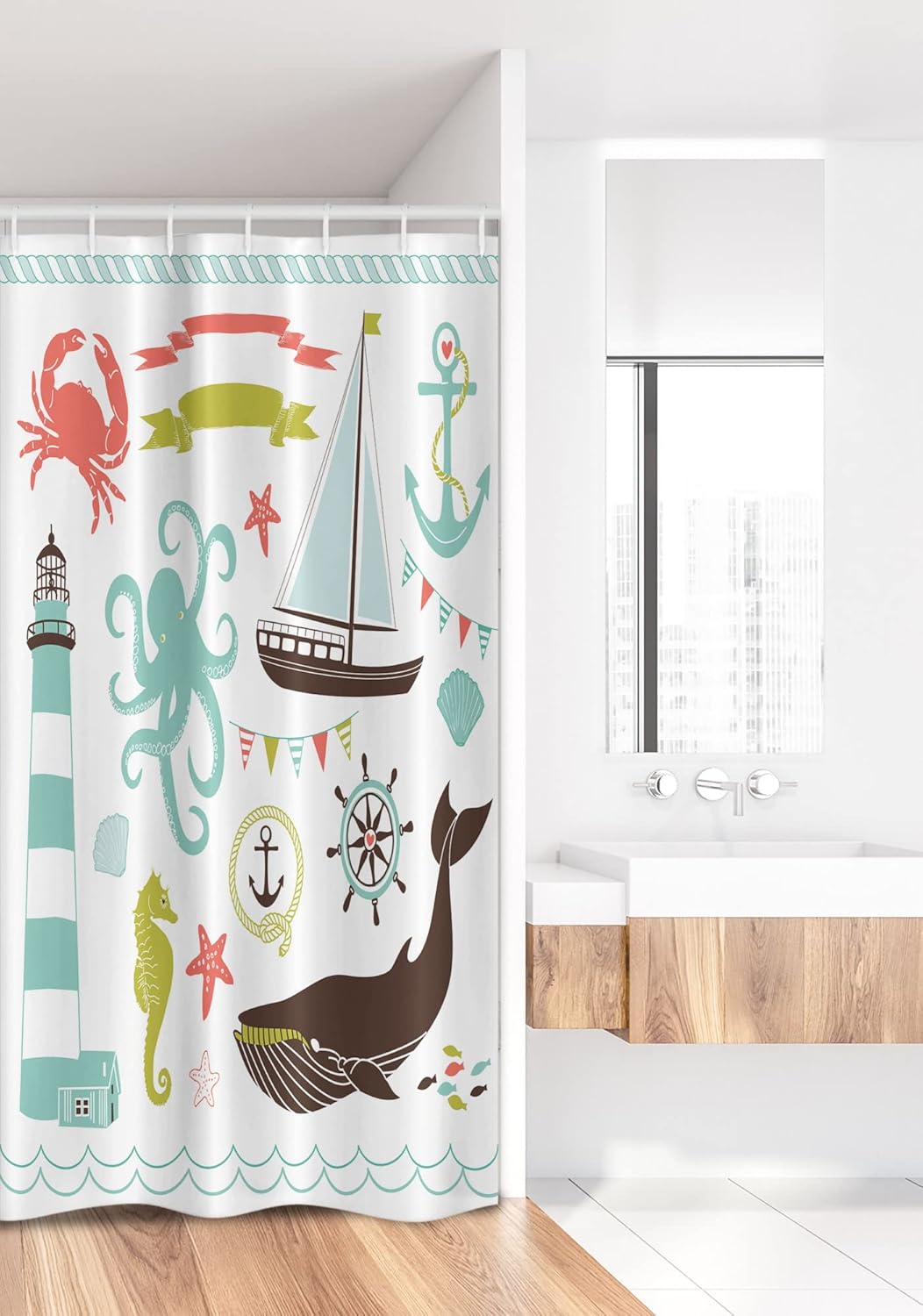 Ambesonne Nautical Stall Shower Curtain, Nostalgia Cartoon Style Maritime Nautical Elements Artwork Seaside Lighthouse, Fabric Bathroom Decor Set with Hooks, 36" W x 72" L, Multicolor
