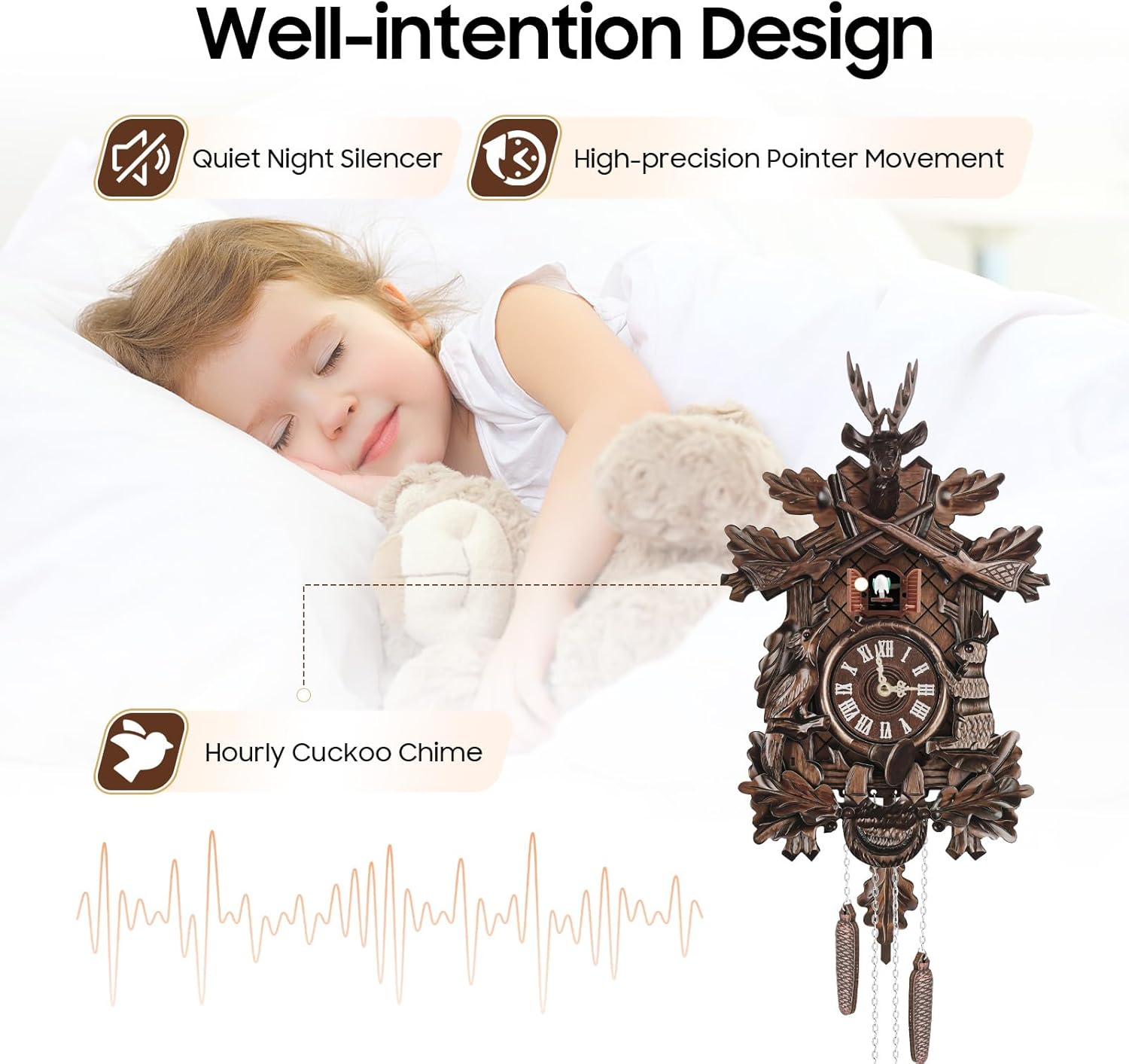 Traditional Black Forest Cuckoo Clock Handcrafted Wooden Wall Clock with Pendulum, Quartz Movement, Night Shut-Off and Music On/Off Switch