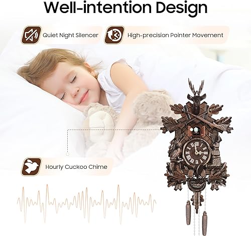 Miniatura 5 de TFCFL Reloj de pared de cuco retro, reloj de cuco con diseño de bosque animal, reloj de pared de cuarzo musical con péndulo y silenciador nocturno