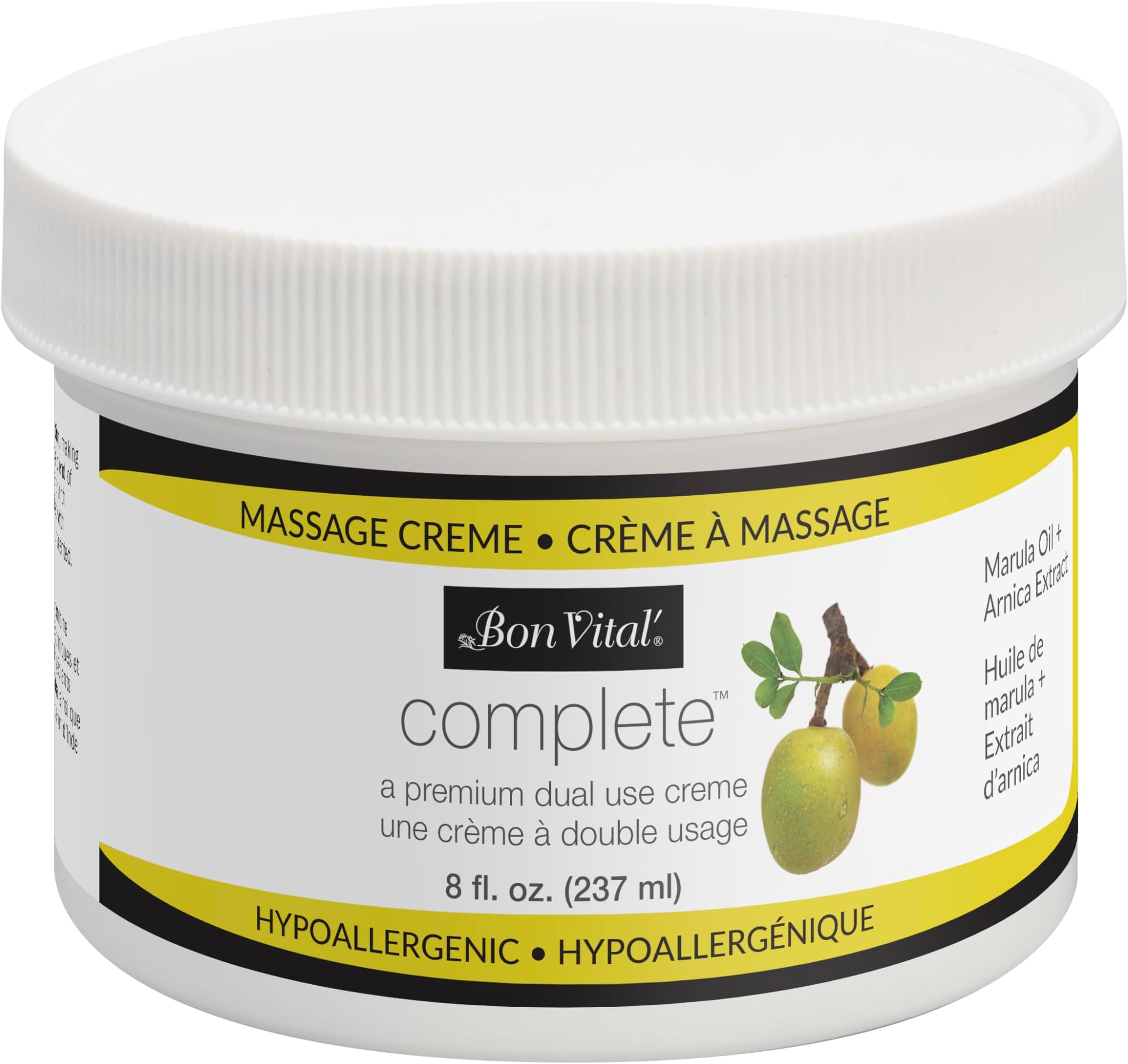 Bon Vital Complete Massage Creme, 8oz Jar, Unscented Non-Greasy Cream with Marula, Olive & Jojoba Oils, Hypoallergenic Moisturizer for Professional or Home Use, Premium Dual-Purpose, Massage Therapy