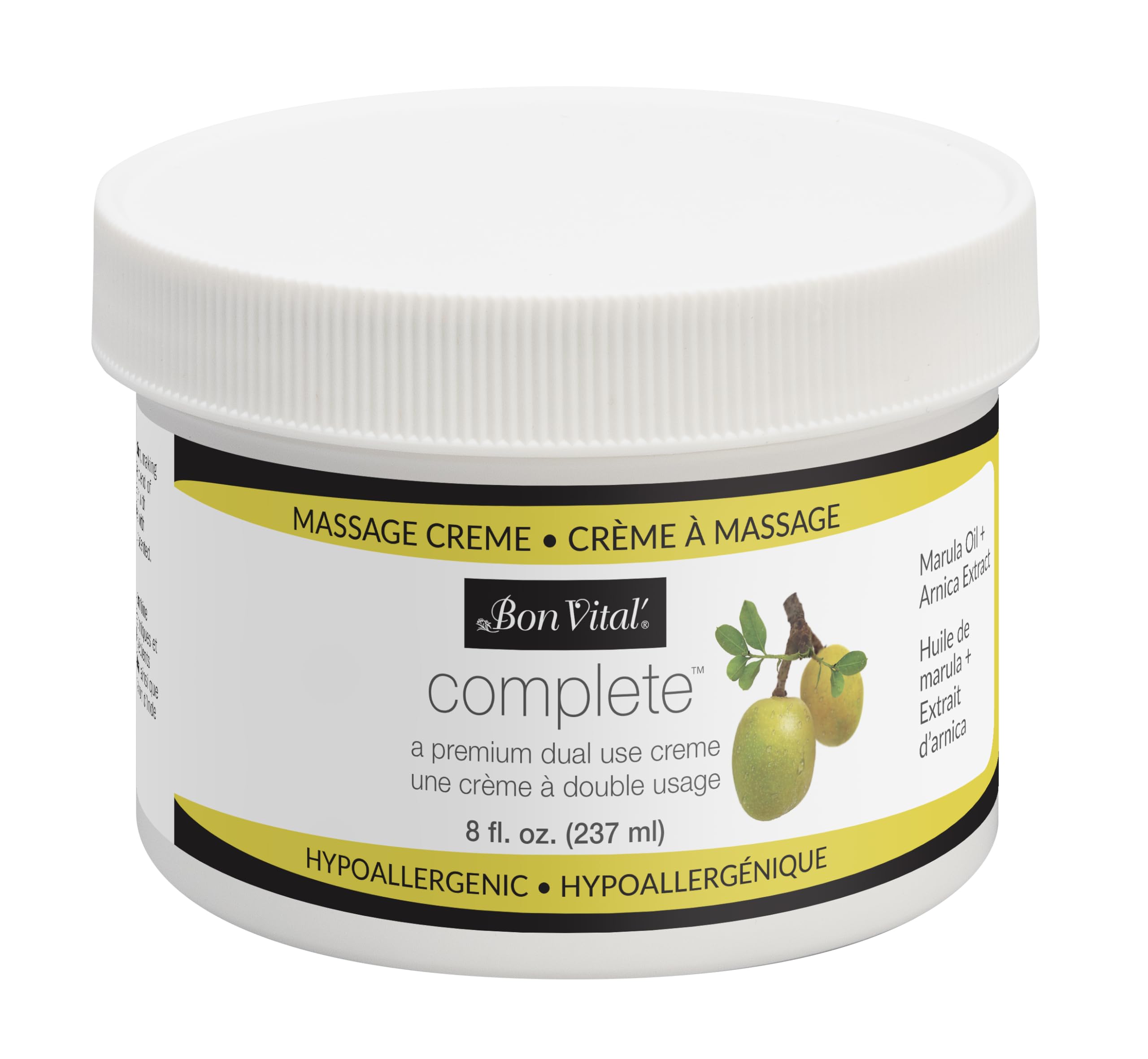 Bon Vital Complete Massage Creme, 8oz Jar, Unscented Non-Greasy Cream with Marula, Olive & Jojoba Oils, Hypoallergenic Moisturizer for Professional or Home Use, Premium Dual-Purpose, Massage Therapy