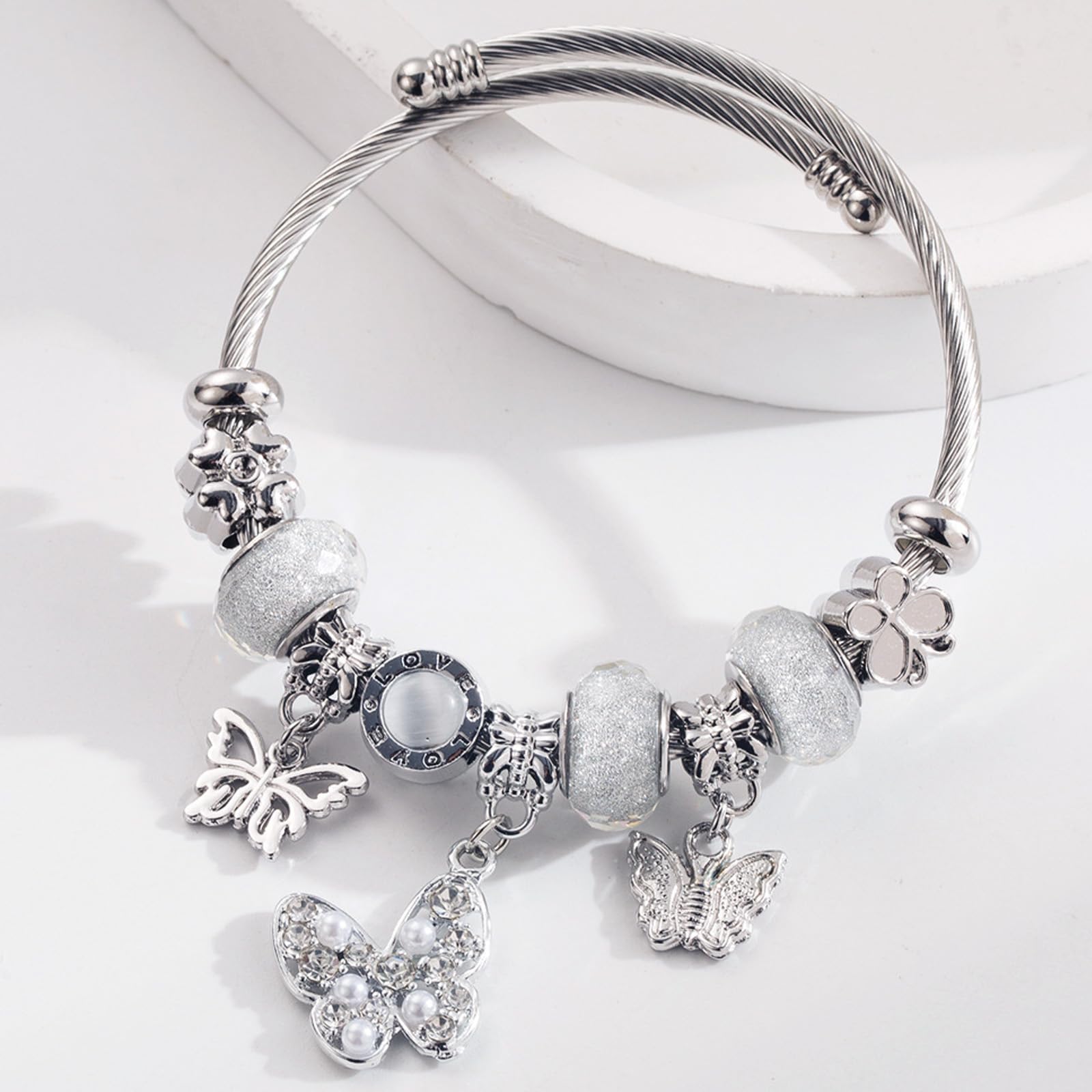 Adjustable Titanium Steel Charm Bracelet Bundle, Stainless Steel Bangle Kit for Women, Birthday Valentine Party Favors