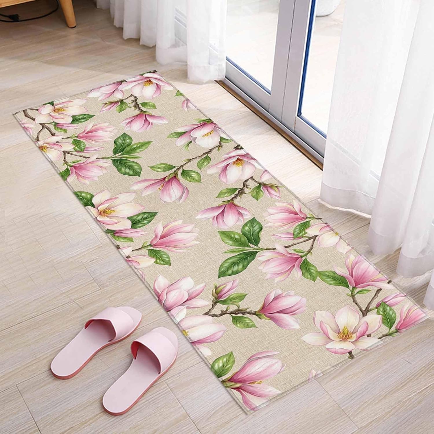 Teamery Kitchen Mats for Floor Farmhouse Magnolia Ombre Pink Washable Non Slip Kitchen Rugs 1PCS, Blossom Floral Retro Linen Absorbent Standing Mats for Sink Bathroom Office Living Room 15.7x47.2in