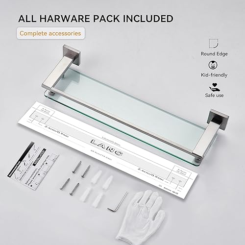 Miniatura 8 de LANC A7613BN - Estantería de vidrio templado flotante de níquel cepillado de 20 pulgadas, estantes rectangulares modernos de acero inoxidable para