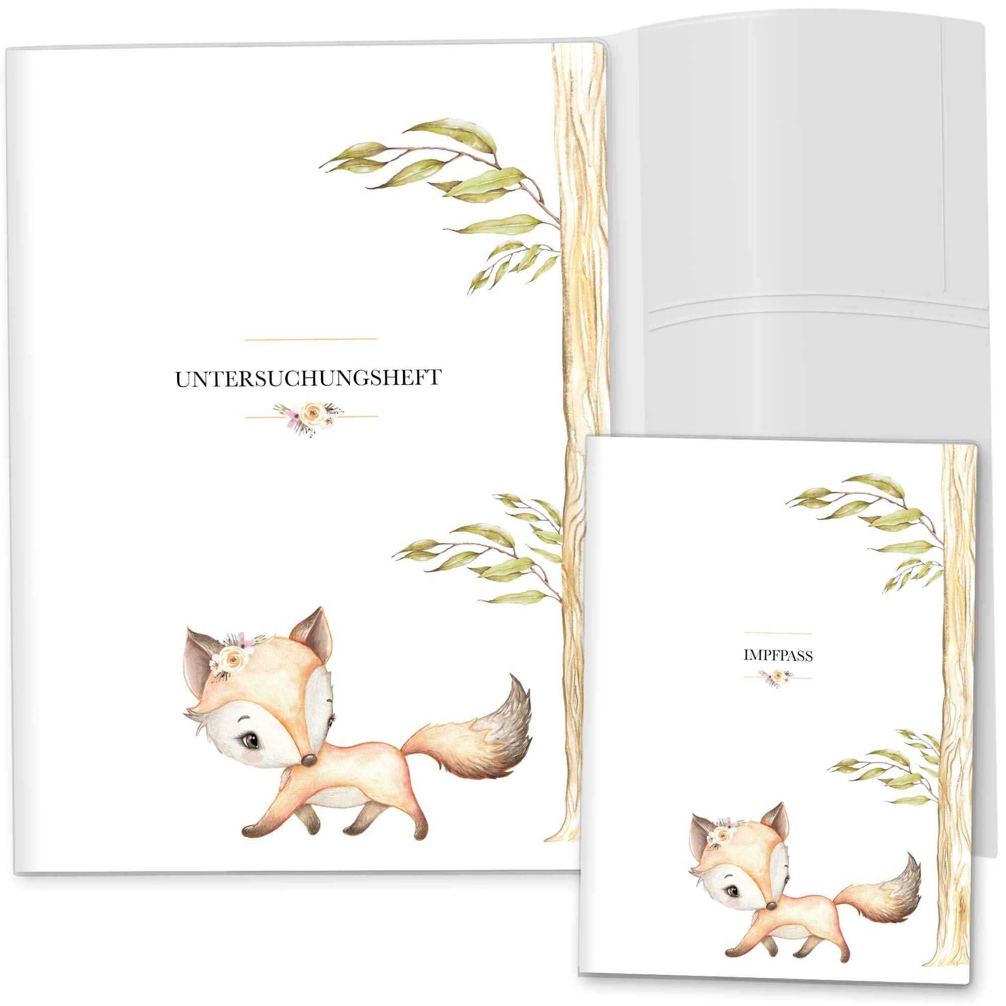 OLGS U-Heft und Impfpasshülle Set, Fuchs am Baumstamm Untersuchungsheft Hülle 3-teilig & Impfpass Hülle, Babygeschenke zur Geburt - Uhefthülle, Impfpasshülle ohne Personalisierung