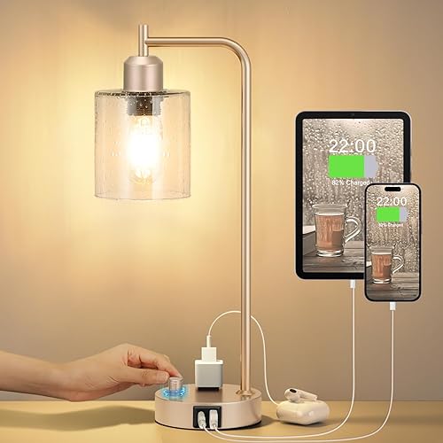 Miniatura 13 de Lámpara de mesa dorada Innqoo para dormitorio - lámpara de mesita de noche industrial con puerto USB y tomacorriente, lámpara de mesita de noche