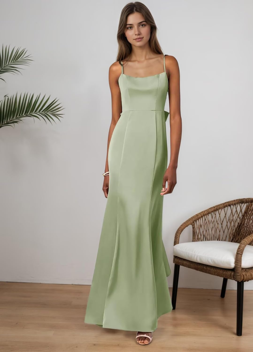 Satin Ruffles Bridesmaid Dresses for Women Backless Long Backless Formal Wedding Guest Dress with Bow
