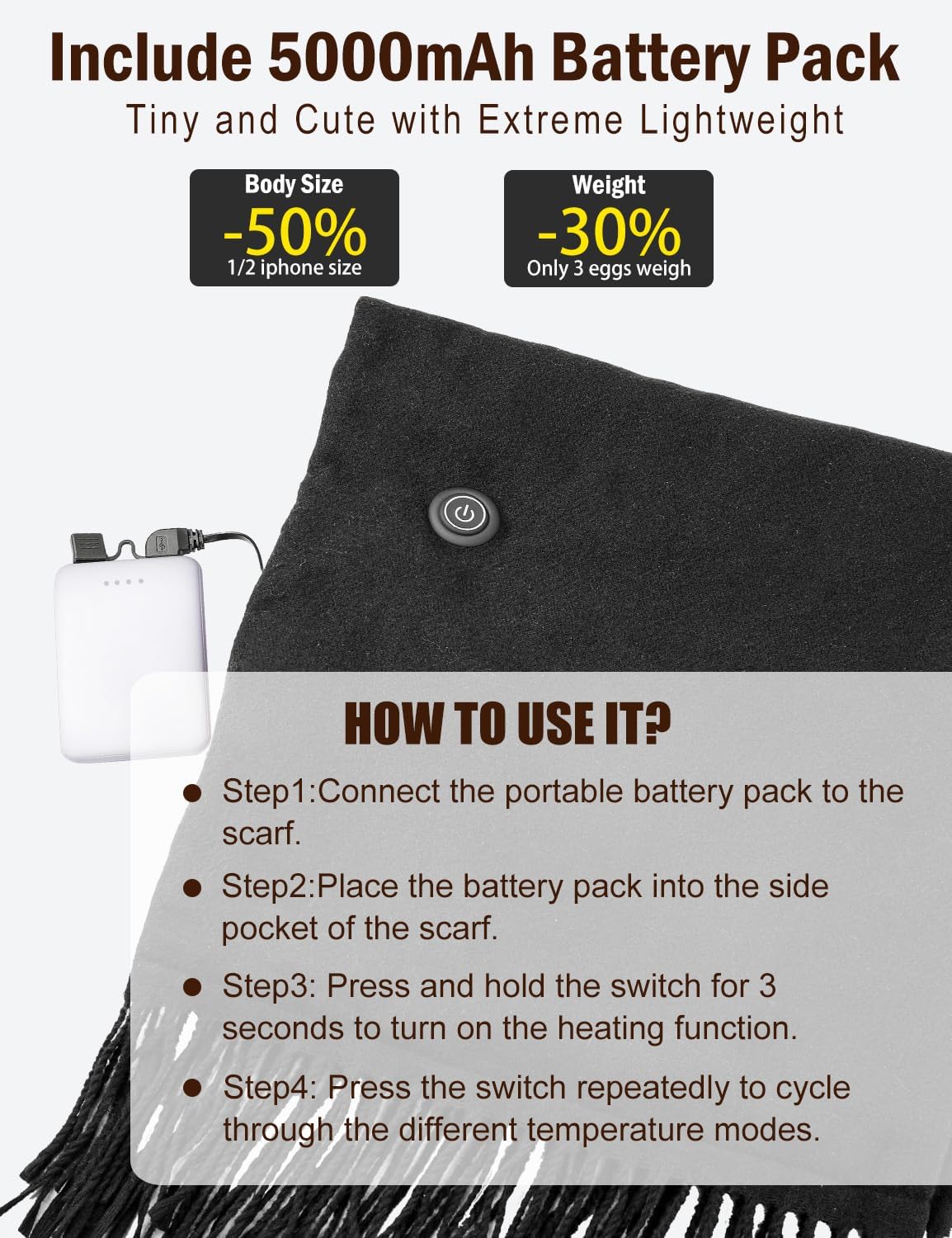 Heated Scarf for Women Men with 5000mAh Rechargeable Battery, Electric Heating Neck Scarves for Winter Warmth - Image 2