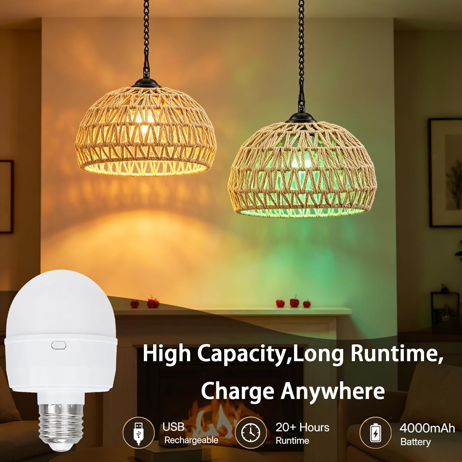 Battery Operated Chandelier with Remote Control & 11.8”Rattan Pendant Light,15-Colors Dimmable LED Bulb for Indoor Outdoor Gazebo Patio Pergola Porch image 5
