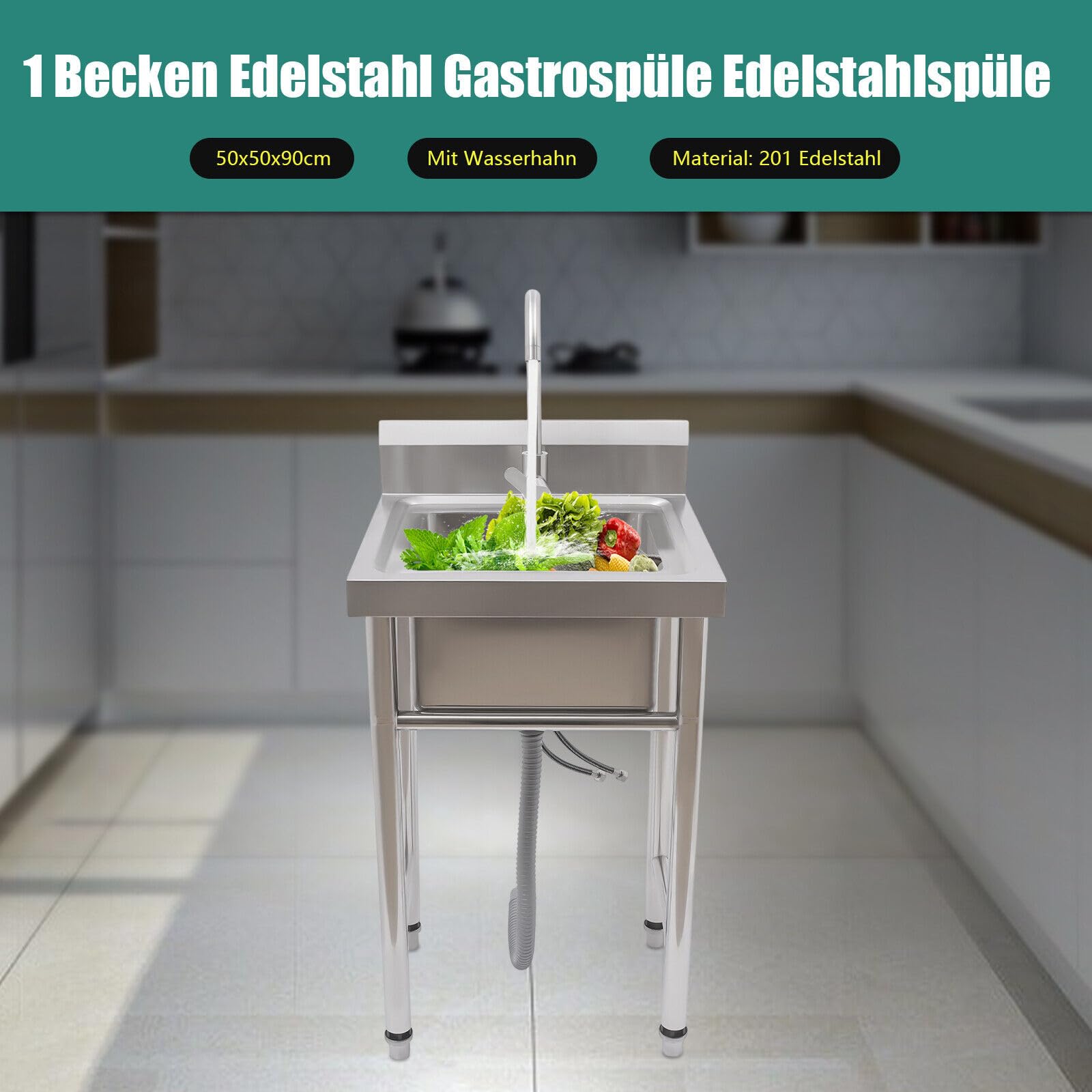Fregadero de cocina de acero inoxidable, kit de fregadero de cocina de acero inoxidable, juego de fregadero rectangular de acero inoxidable con colador de desagüe con grifo y tubos de bajada,