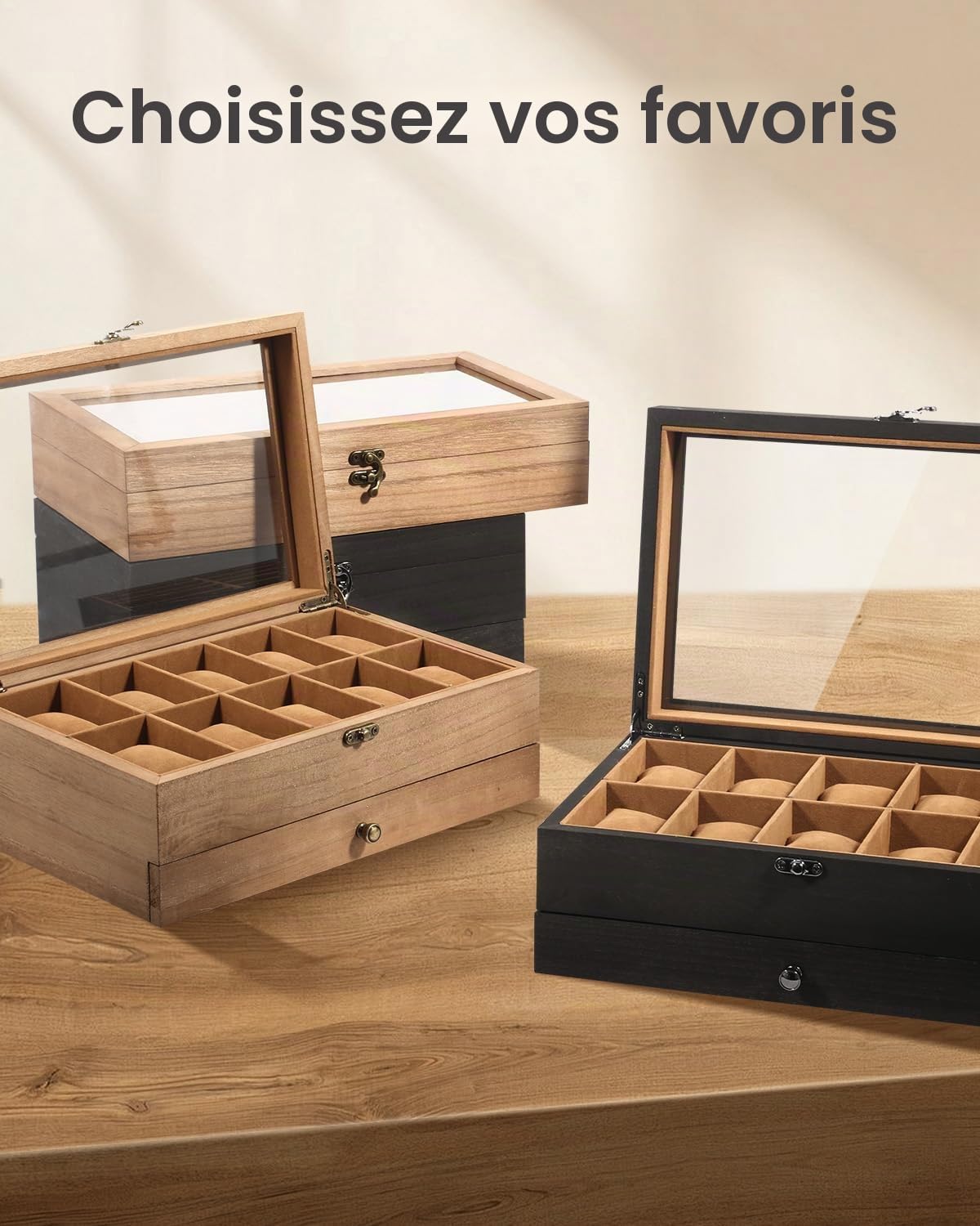 Uten Boîte à Montres 10 Compartiments, 2 Niveaux Coffret à Montres en Bois, Couvercle en Verre, Coffret de Rangement pour Montres, Coussinets Coton de Soie, Doublure Noire, Idée Cadeau