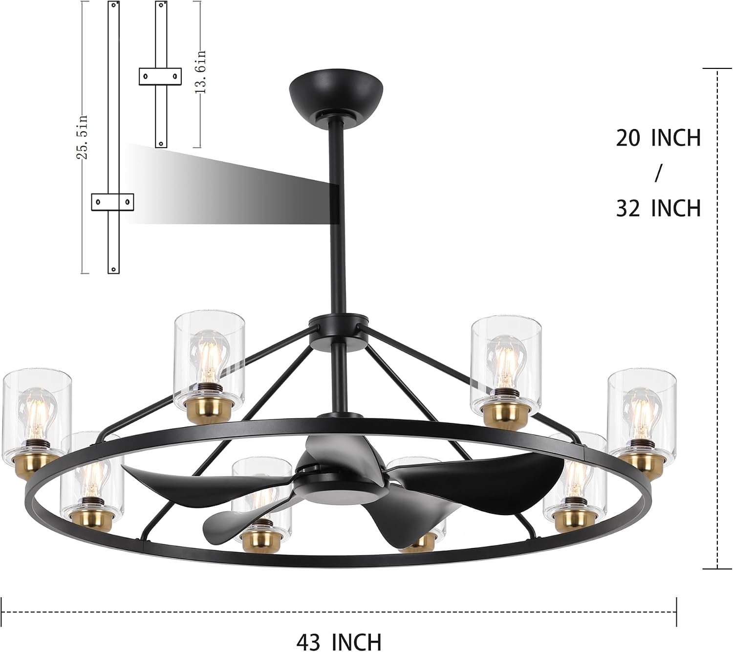 44" Large Ceiling Fans with Lights Wagon Wheel Chandelier, Farmhouse Fandelier Black Gold Fans with Glass Lampshade Light Fixture, 6 Speed, Timing, Adjustable Height for Dining Room Living Room