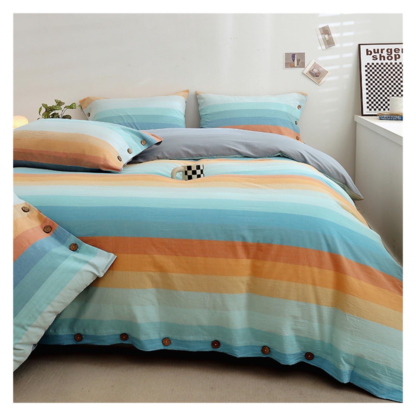 Set Copripiumino Set Copripiumino in Cotone a Righe Colorate, Tessuto 100% Cotone, Resistente, Traspirante, Naturale, Sognante, Chic Biancheria da Letto(Greyish Yellow,220x240cm)
