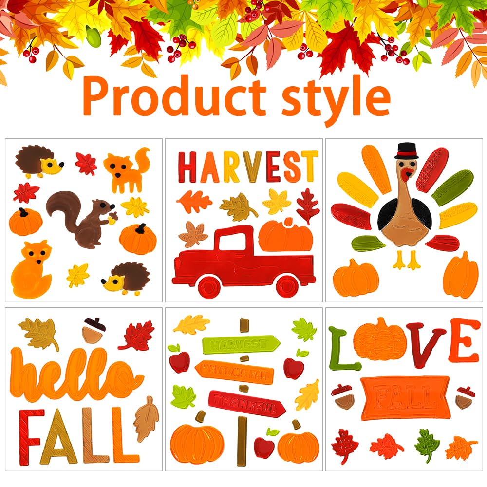 JOICEE 6pcs Fall Gel Window Clings, Thanksgiving Pumpkin Turkey Maple Leaf Harvest Window Clings Sticker for Fall Window Decors