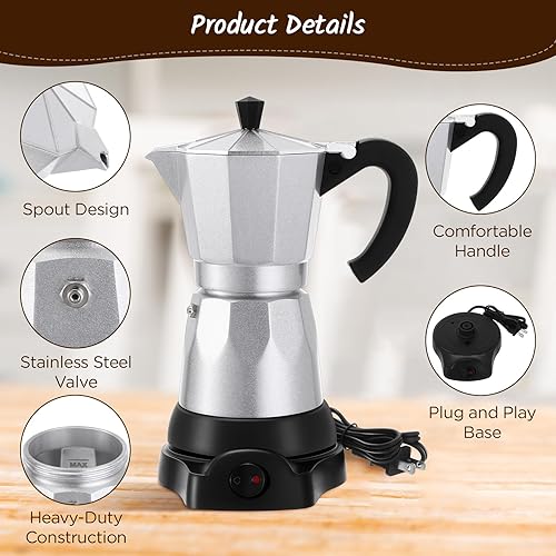 Miniatura 4 de Cafetera eléctrica de 6 tazas de café expreso italiano, máquina de café expreso de aluminio portátil de 10.1 fl oz, cafetera moka con base