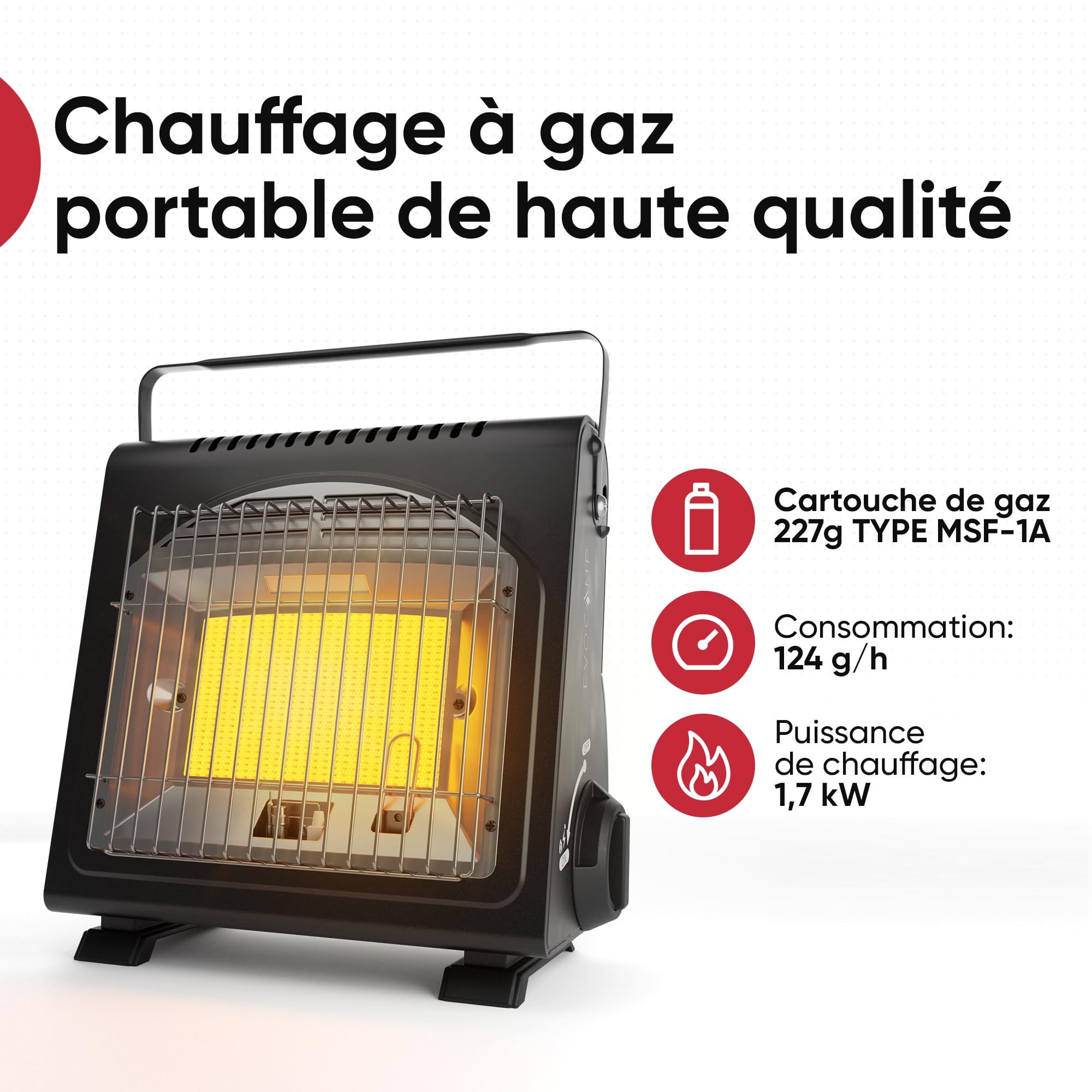 Chauffage à gaz portable 1700W + 8 Cartouches gaz Systèmes de sécurité