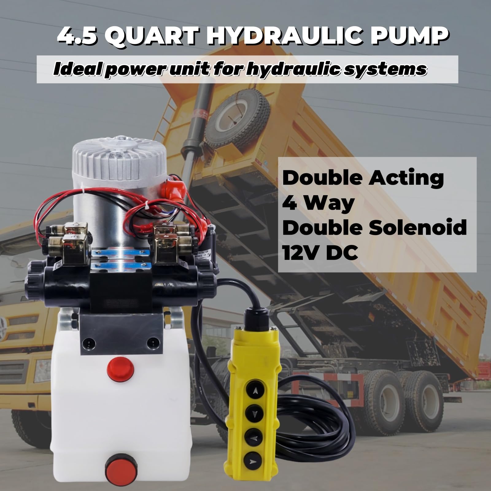 Hydraulic Power Unit Double Acting Hydraulic Pump 4.5 Quart Reservoir 12V DC Double Solenoid Electric Trailer Pump for Dump Trailer Car Lifting