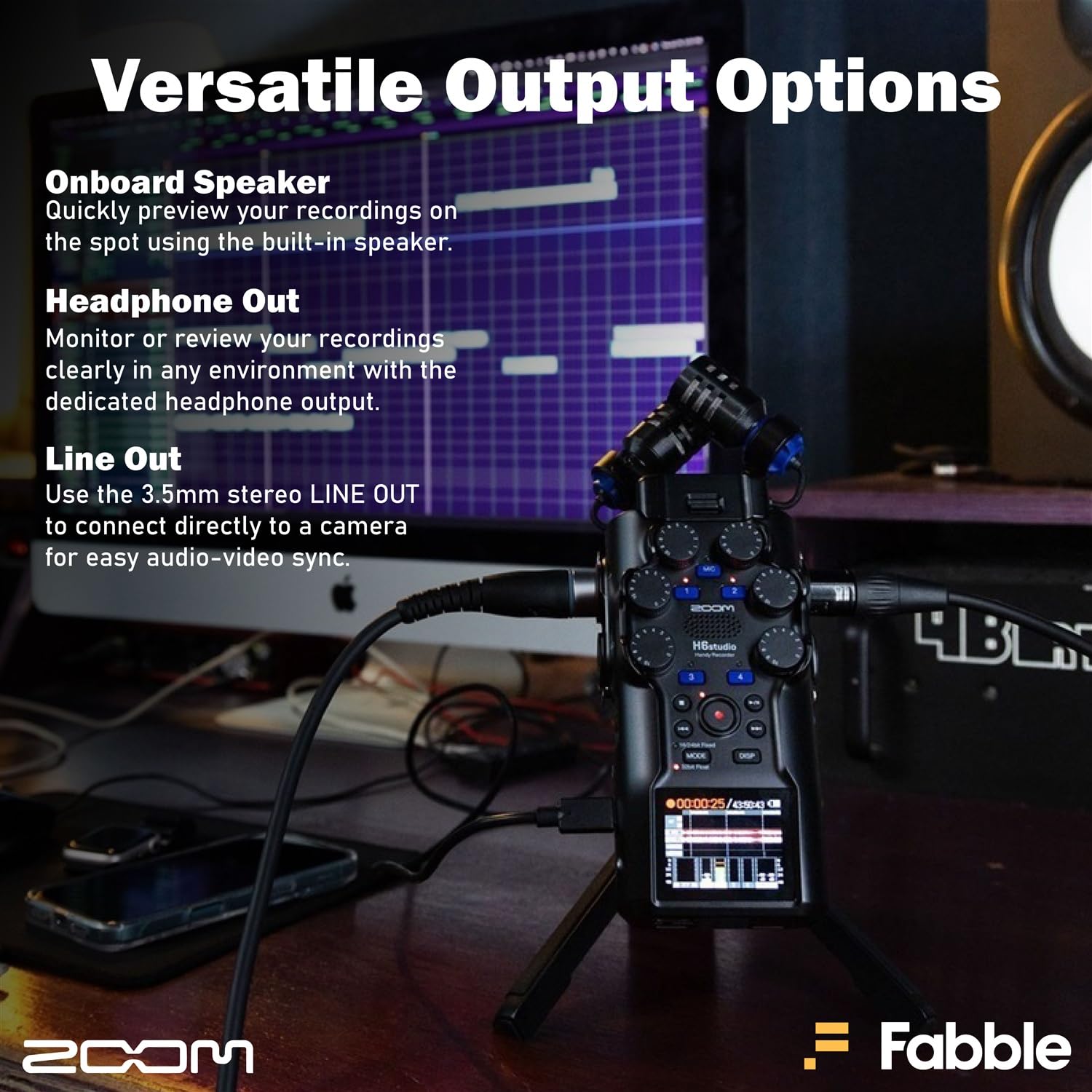 Zoom H6studio Handliches Recorder-Set mit 2 × ZDM-1 Podcast-Mikrofon-Packs, Kopfhörern, Tischständern, XLR-Kabeln, Windschutzscheiben, Speicherkarten, Batterien und Zubehör
