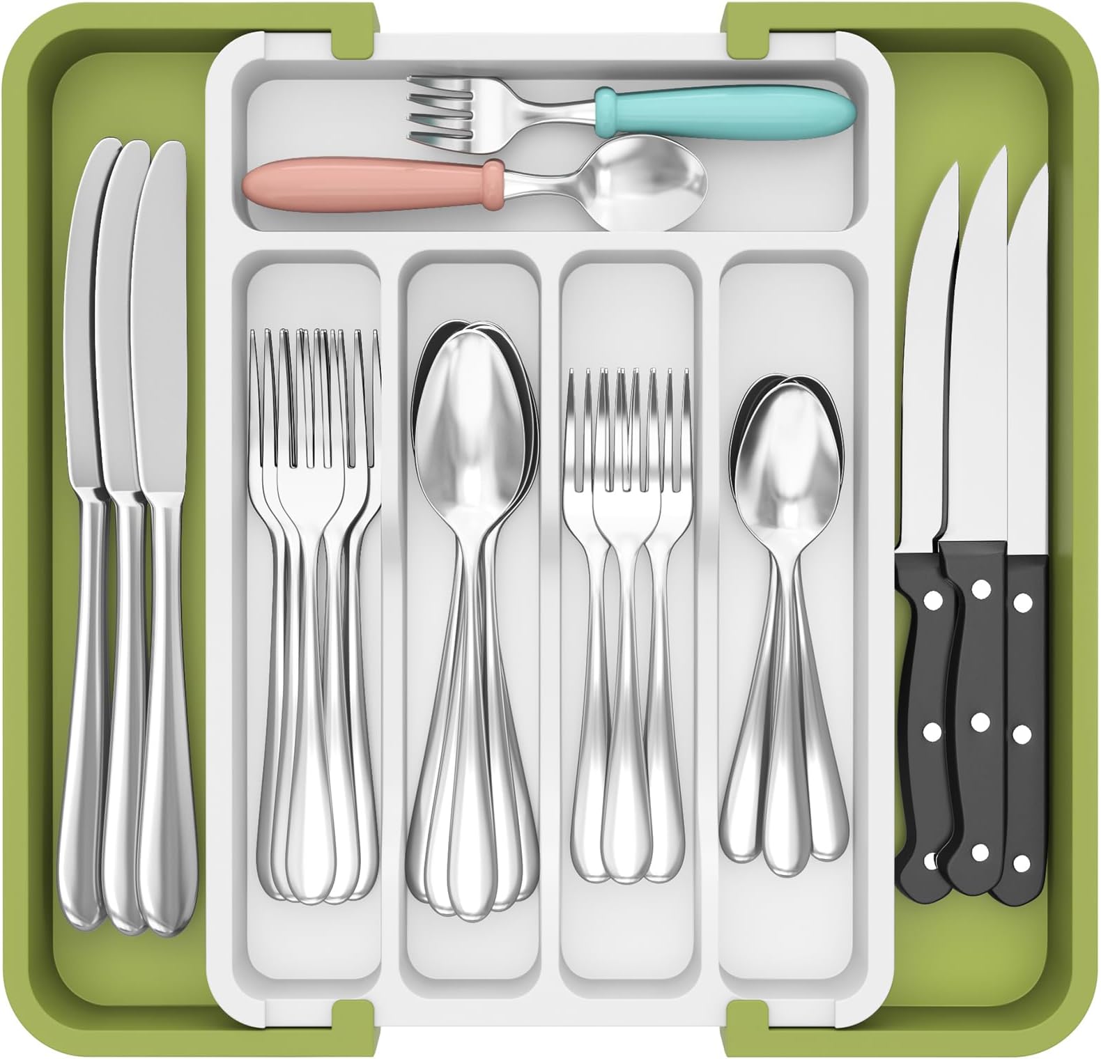 Lifewit Silverware Drawer Organizer, Expandable BPA Free Utensil Tray for Kitchen, Adjustable Flatware and Cutlery Holder for Spoons Forks Knives, Plastic Kitchen Organizers and Storage, Green&White