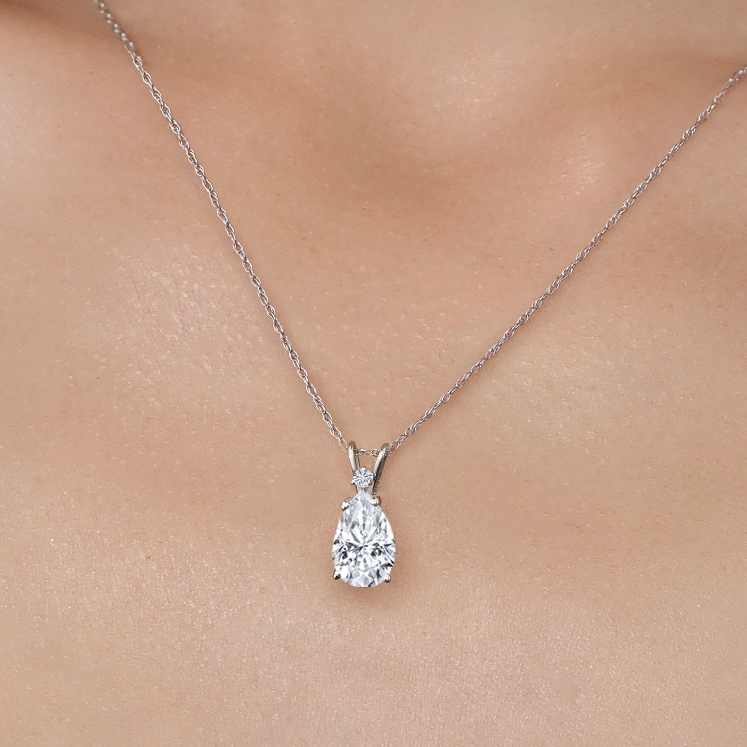 Gem Stone King 14K White Gold White Moissanite Pendant Necklace for Women | 3.11 Cttw | Gemstone Birthstone | Pear Shape 12X8MM | With 18 Inch Chain - Image 3