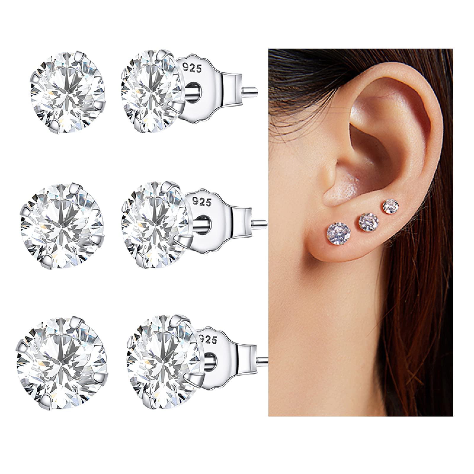 RWRAPS Orecchini per Ragazza 3 Paia di Orecchini a Bottone Set Orecchini in Pietra Argento Sterling 925 Orecchini Minimalisti alla Moda Abbagliante Orecchini a Bottone Diametro 4mm 5mm 6mm