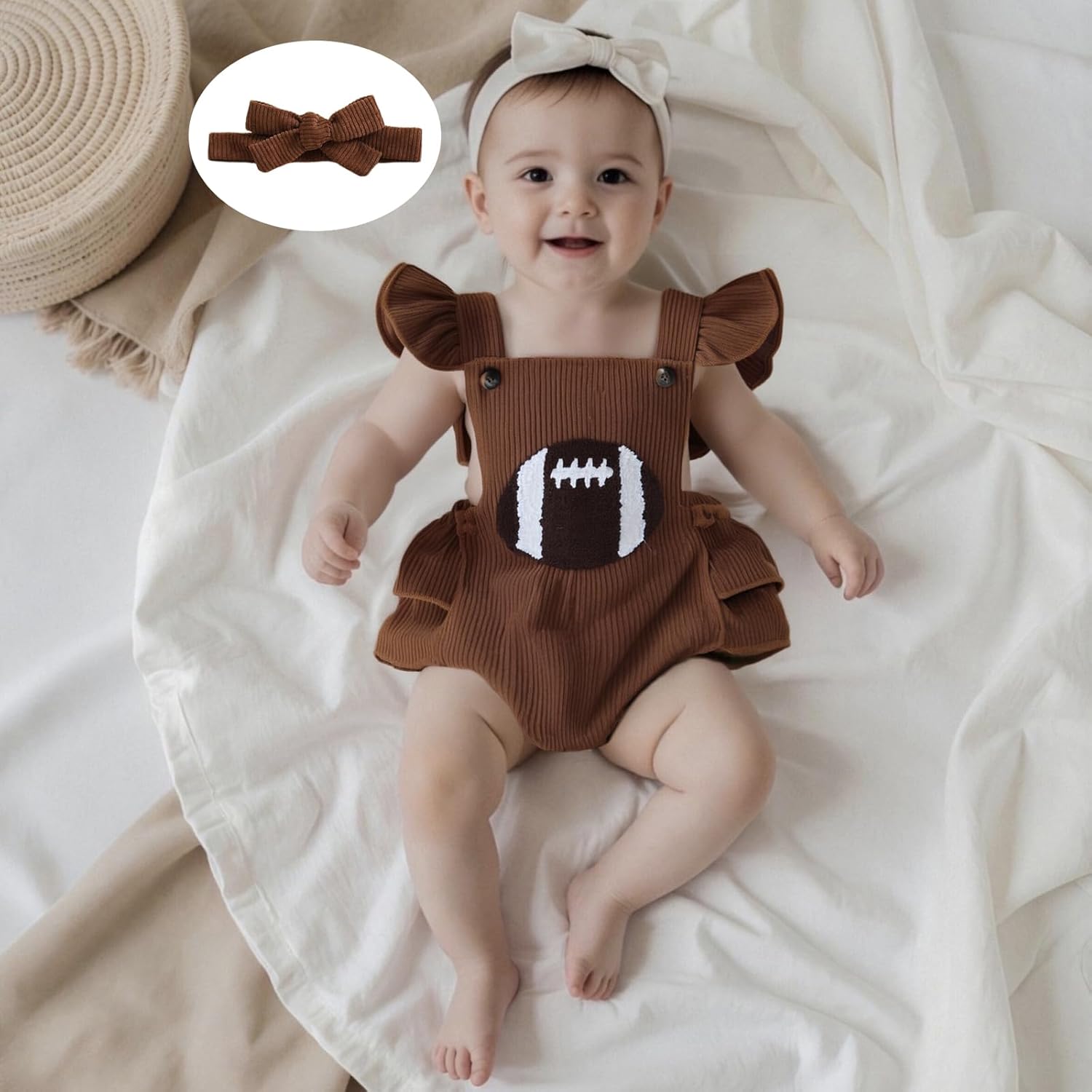 Football Baby Boy Girl Outfit Embroidery Game Day Rugby Suspender Romper Overall Sleeveless Corduroy Sport Bodysuit - Image 3