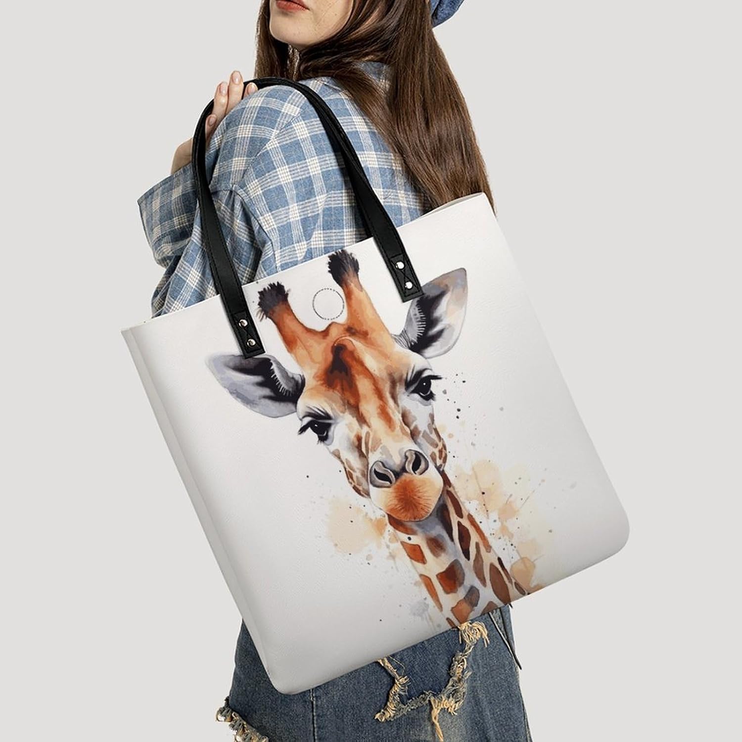 Animal Watercolor Giraffe Tote Bag with Magnetic Buckle Reusable Grocery Bags Lightweight Cross Body Handbag for Daily Essentials