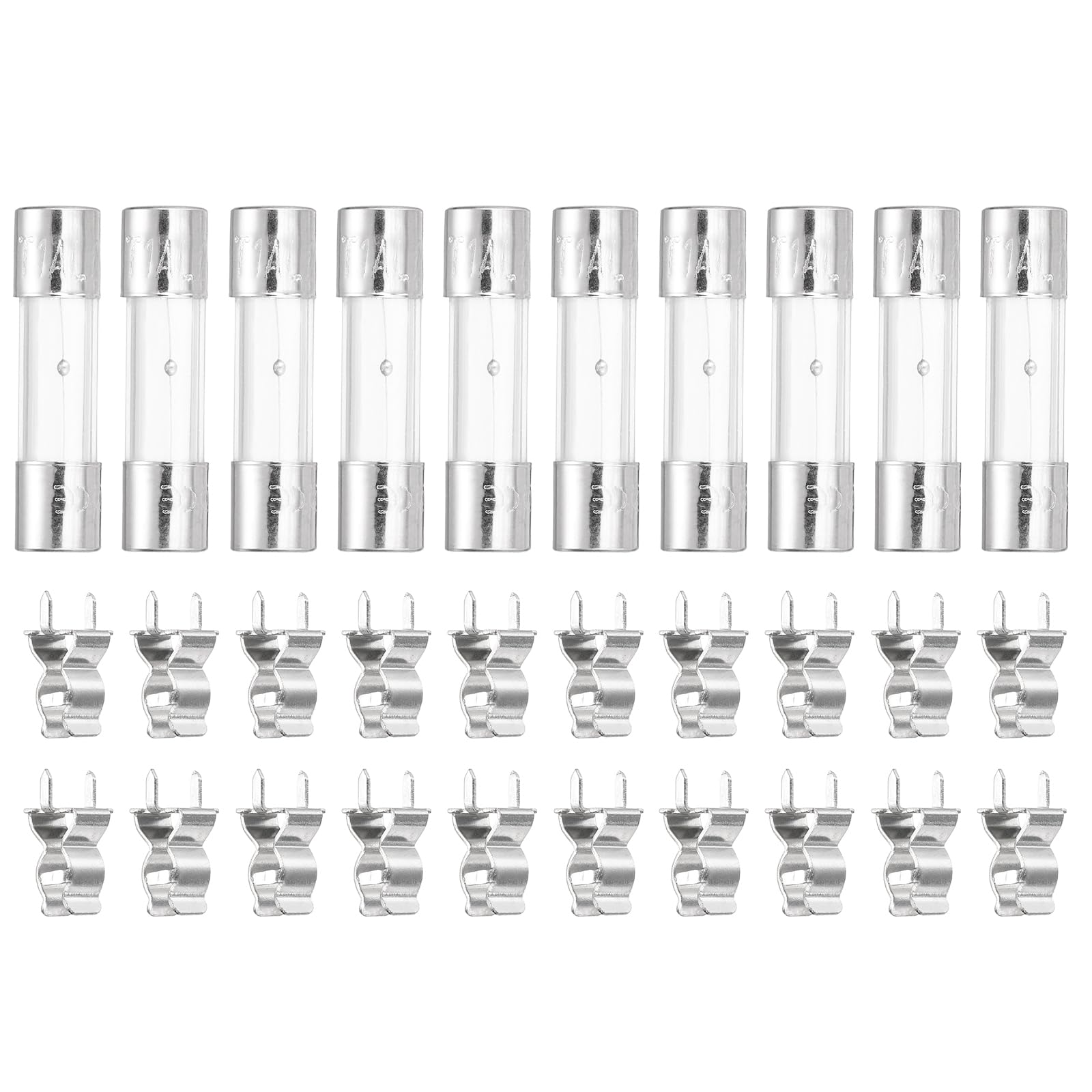 sourcing map Glass Tube Fuses, 5x20mm 1A 250V Slow Fast Blow Glass Cartridge Tube Fuse with 20pcs Safety Clip for Replacing or Repairing Many Home Electronics(Pack of 10)