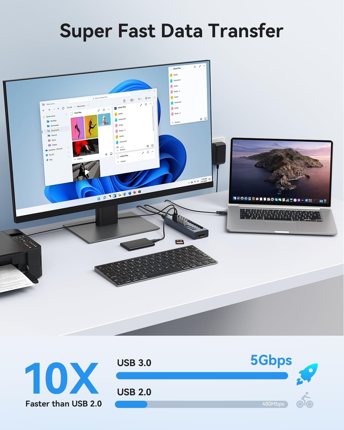 Hub USB 3.0 alimentato, Wenter 10 porte USB Hub Splitter con singoli interruttori LED On/Off
