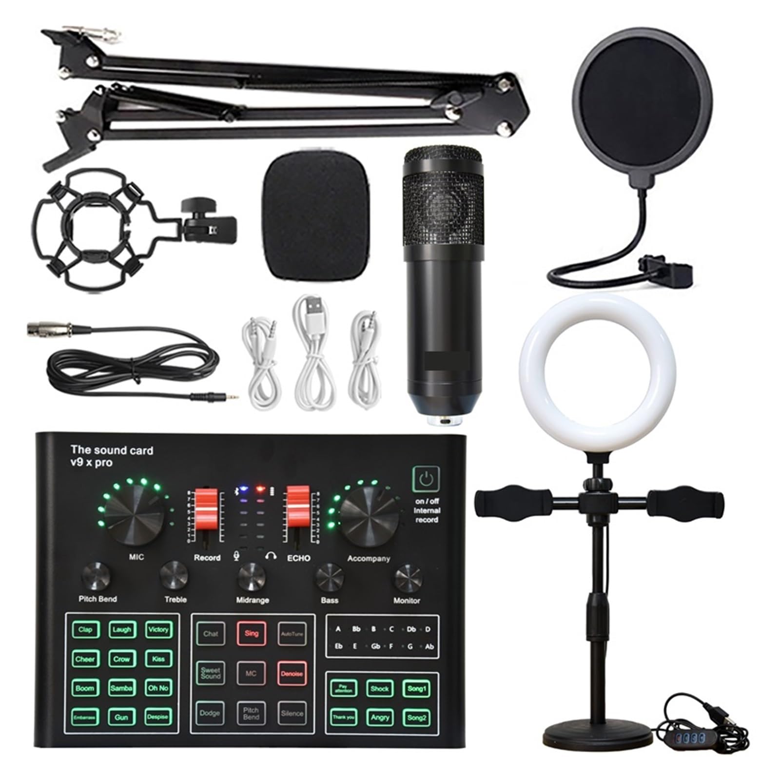 Kit Scheda Audio Professionale a condensatore Micro Bluetooth Scheda Audio Wireless per Karaoke con Staffa a sbalzo Luce di riempimento Studio Setup per la Registrazione di Musica