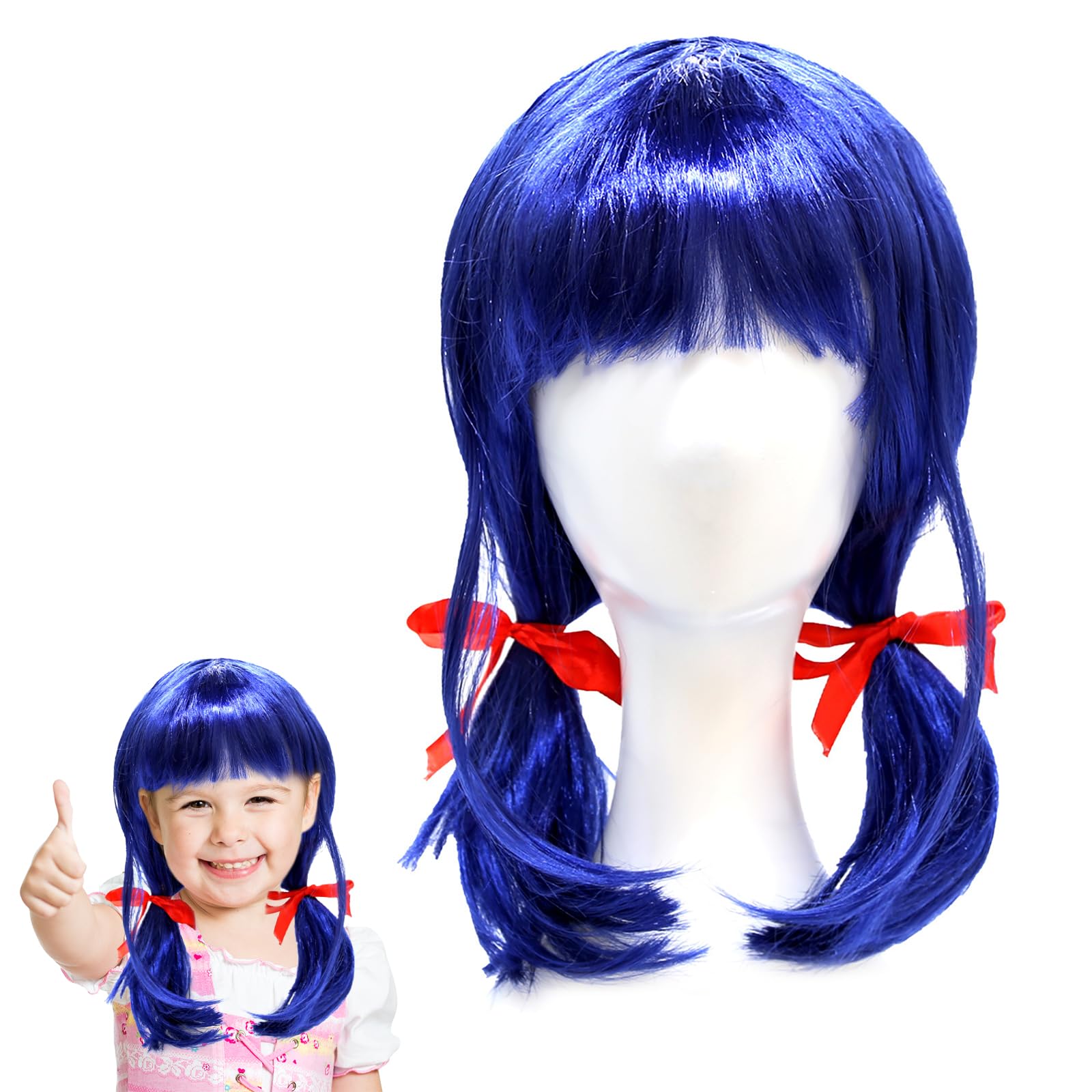 Perruque Ladybug Enfants, Courte Cosplay Bleue, Ladybird Filles avec Rubans Rouges, Perruque en Fibre Synthétique, Costume Carnaval Mascarade
