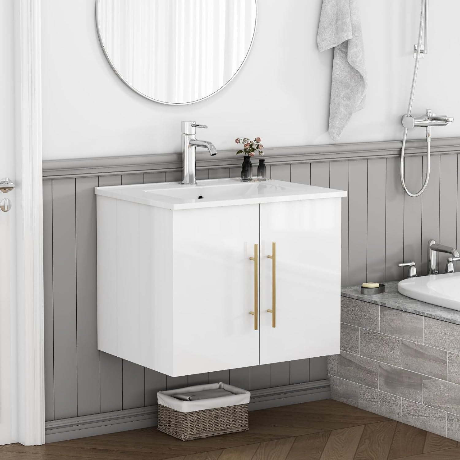 24-Inch Wall-Mounted Bathroom Vanity with Sink Combo,Double Doors,Soft Close Hinges, Ceramic Basin,Easy Assemble,Gold Metal Long Handle,Storage Space,Glossy White